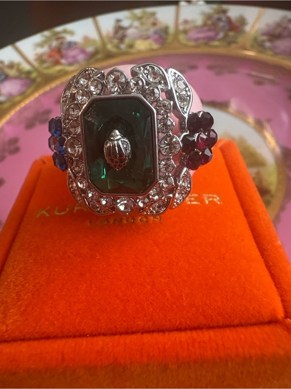 Kurt Geiger Green Crystal Cocktail Ring with Purple Accents